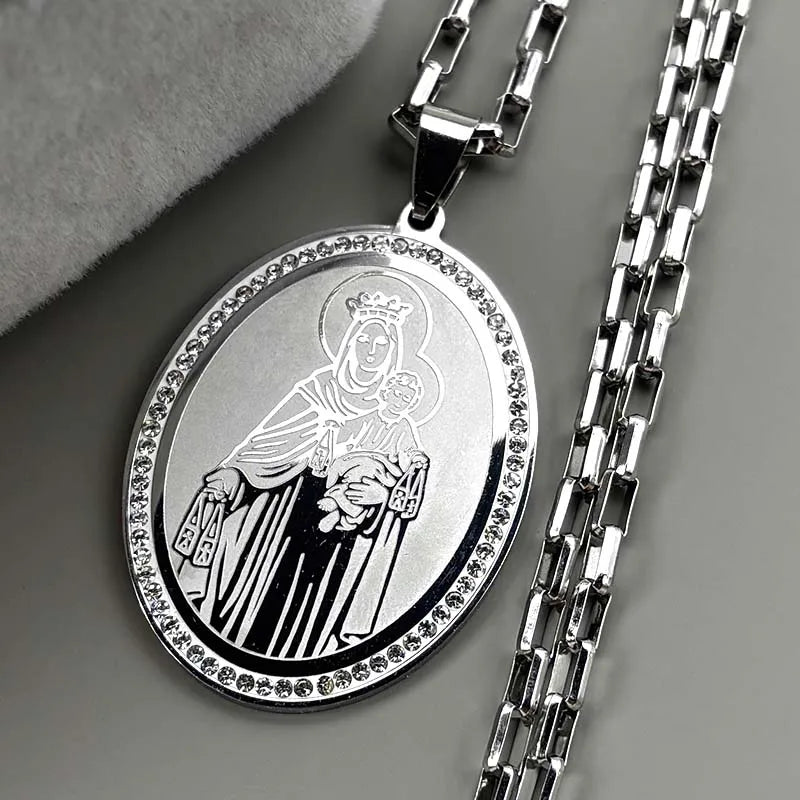 Virgin Mary Baby Jesus Pendant Necklace For Women Men Stainless Steel Rhinestones Gold Color Catholic Guadalupe Chain Jewelry