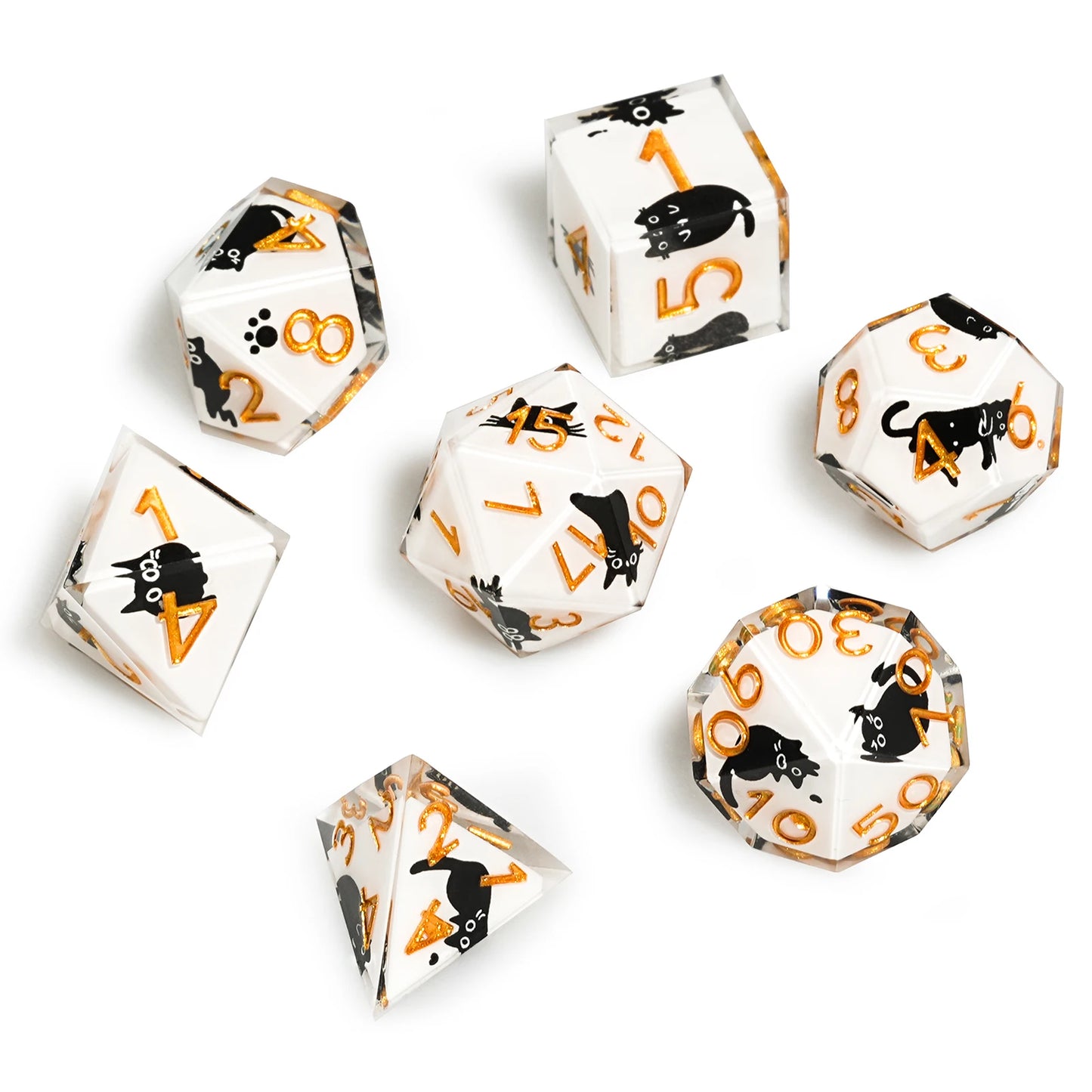 1-7pcs DND Milk White Solid Resin Black Kitten Smile Cat Dice Set Multi-sided Polyhedral Dice for D&D COC Role RPG Table Game 7pcs Milk Cat