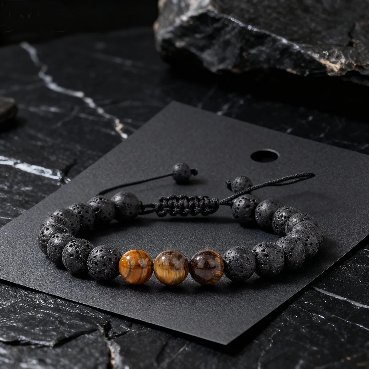 8MM Men Black Lava Beads Bracelet Tiger Eye Stone Adjustable Braided Rope Bangles For Couple Women Yoga Healing Jewelry Gift