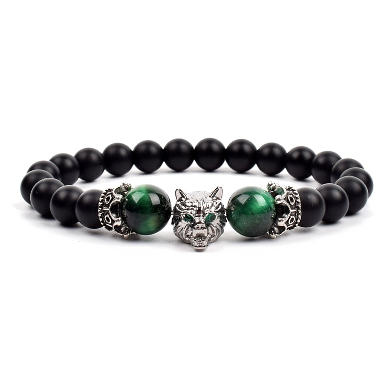 Wolf Charm Bracelets Men Natural Black Agates Onyx Stone Bracelet Brave Blue Tiger Eye Elastic 8 mm Beads Jewelry Beaded Pulsera Green tiger eye 2