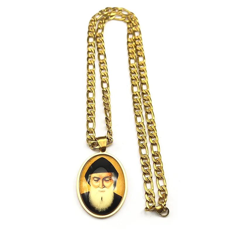 Orthodox Church Saint Charbel Glass Medal Pendant Necklace for Women Men Stainless Steel Gold Color Amulet Protection Jewelry