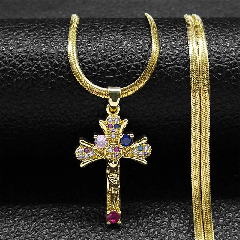 Vintage Shiny Zircon Jesus Cross Religious Amulet Necklace Women Stainless Steel Clavicle Snake Chain Choker Necklaces Jewelry