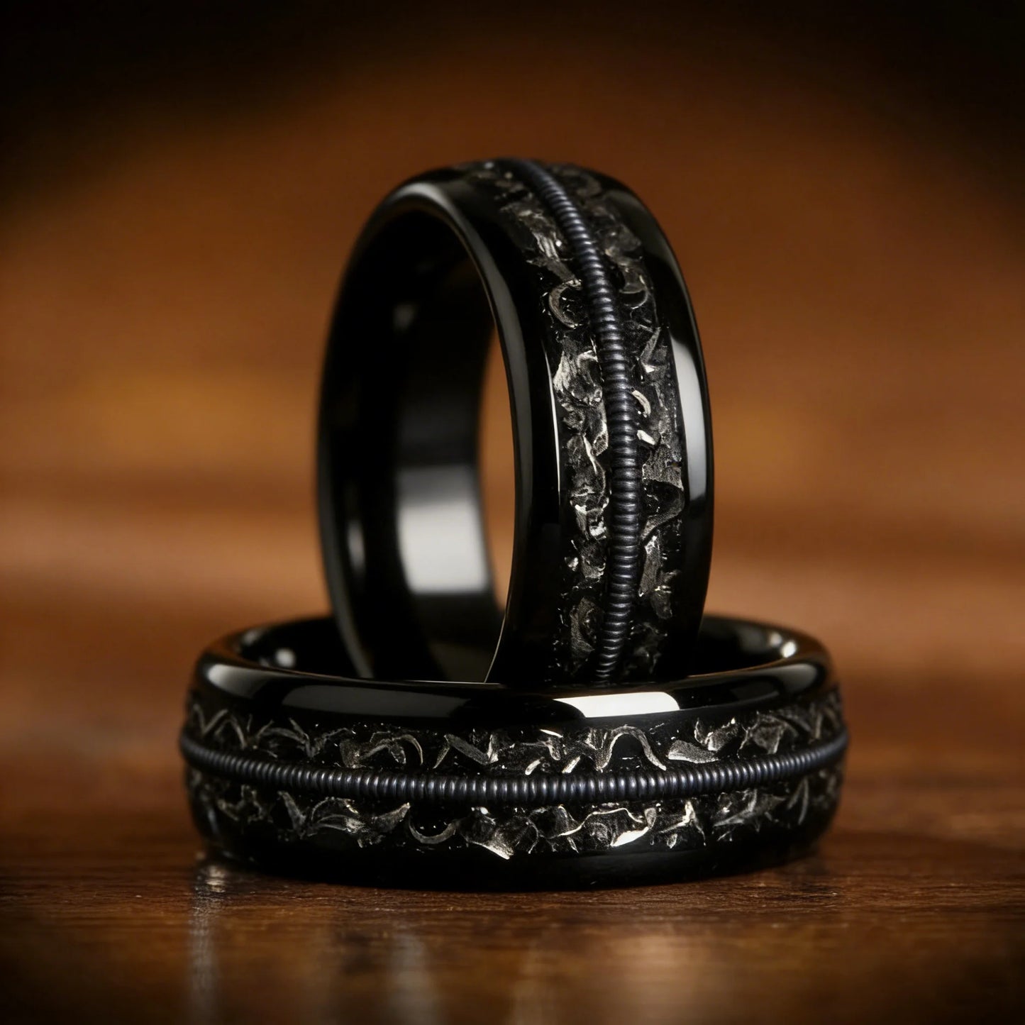 Fashion 8mm Black Stainless Steel Guitar String Rings for Men With Meteorite Inlay Guitarist Ring Men Wedding Band Jewelry