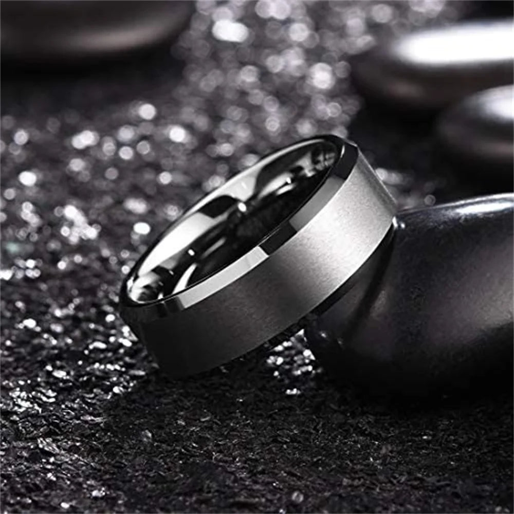 Simple 8mm Blue Stainless Steel Rings For Men Women Blue Matte Finish Beveled Polished Edge Men Rings Wedding Band Jewelry Gift