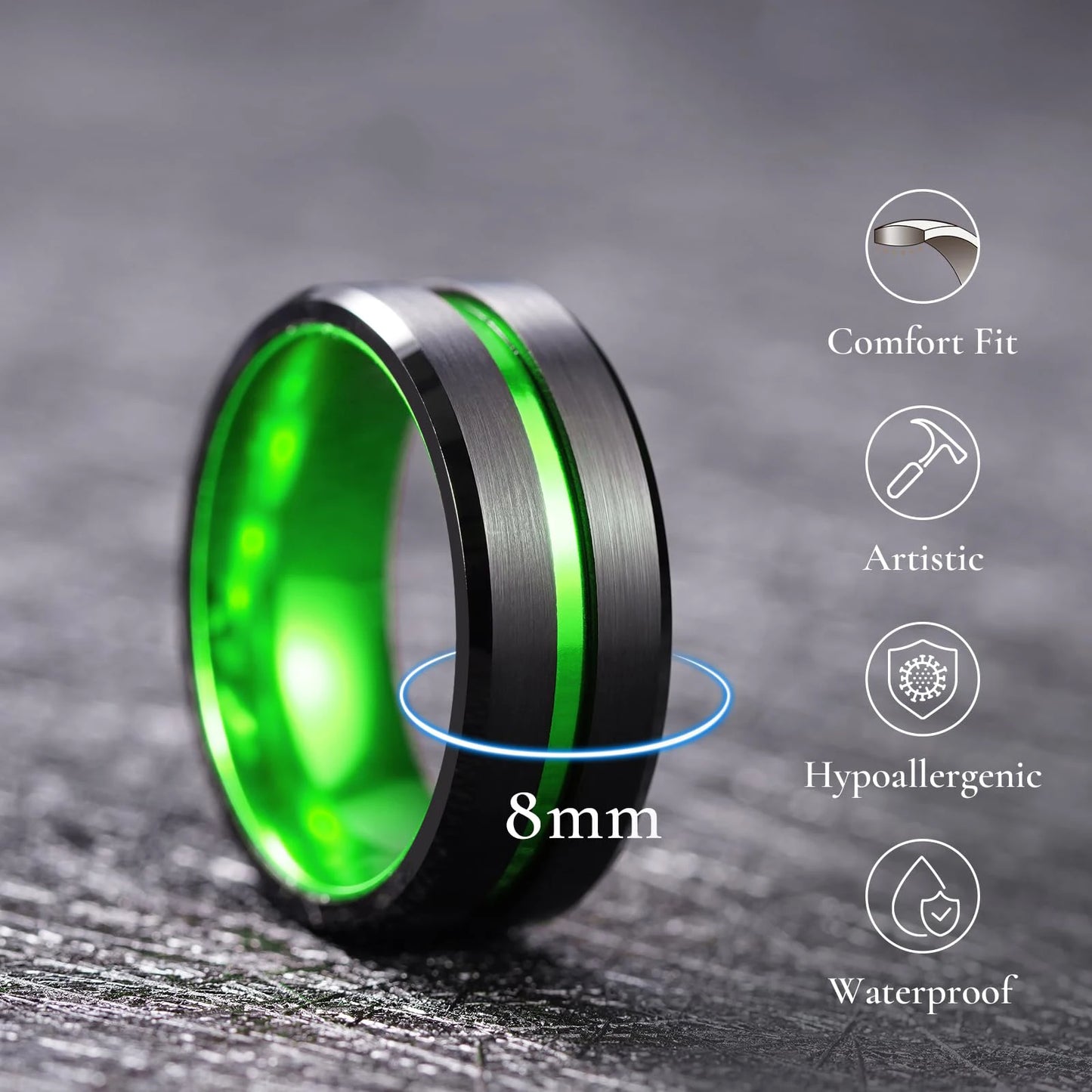 Trendy 8mm Green Color Groove Beveled Edge Titanium Wedding Rings For Men Black Brushed Stainless Steel Ring Men Wedding Bands