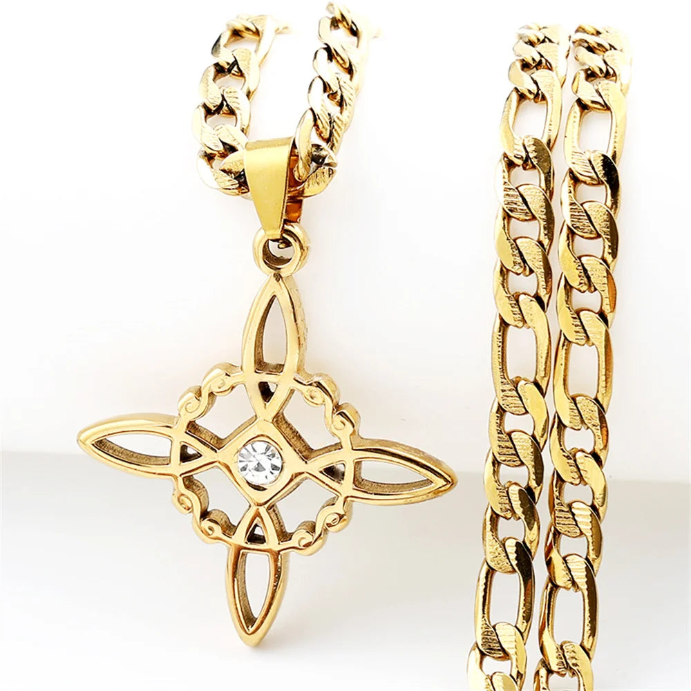 Stainless Steel Witch Knot Pendant Necklace for Women Men Gold Silver Color Rhinestone Wicca Pagan Chain Amulet Lucky Jewelry