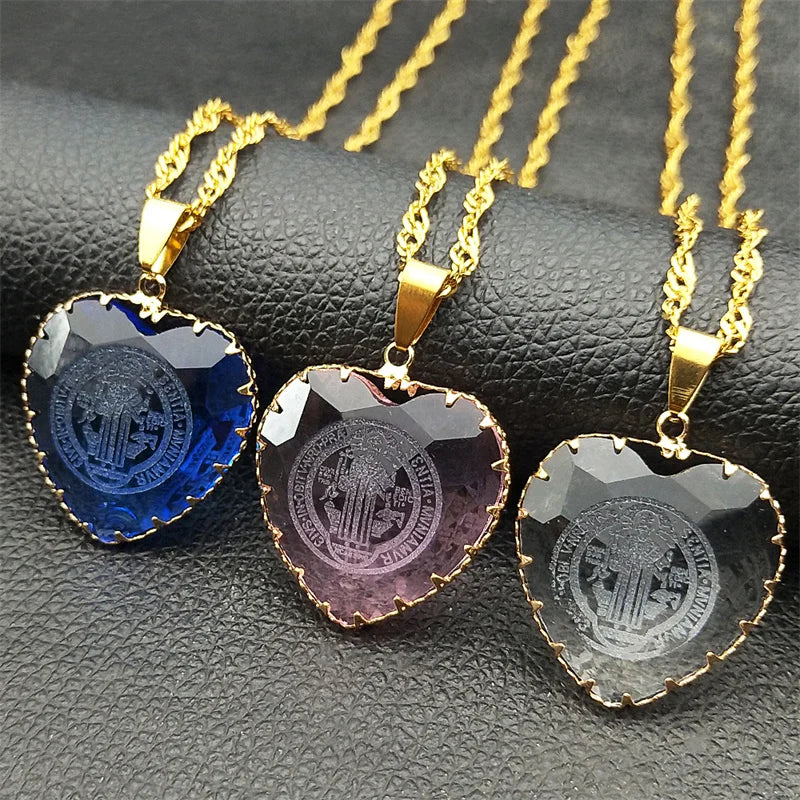 Catholic Saint Benedict Blue Heart Glass Pendant Necklace for Women Men Stainless Steel Chain Necklaces Jewelry San Benito