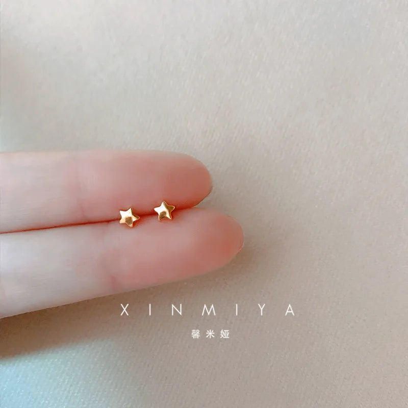 Tiny Minimalist Silver Plated Korean Mini Small Heart Stars Stud Earrings for Women Student Teen Simple Ear Piercing Jewelry