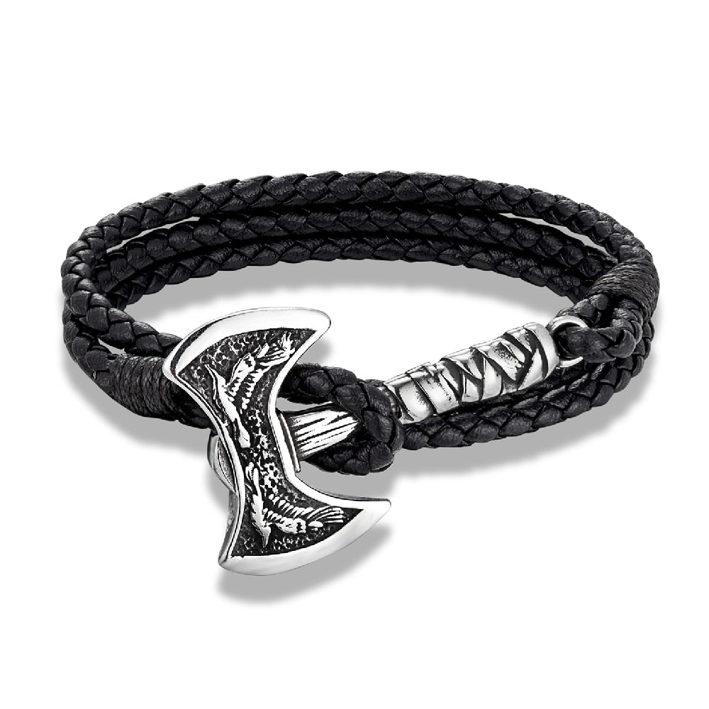 Norse Hatchet Multi-layer Leather Bracelets Men Stainless Steel Vikings Axe Wristband Raven Amulet Self-defense Handmade Jewelry