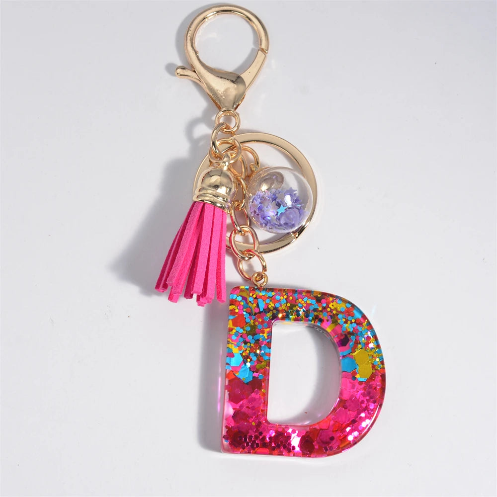 Colorful Letter Keychain Pendant Glitter Sequin Resin Key Chain Tassel Charms With Ball Keyring Jewelry For Women Bag Ornaments D