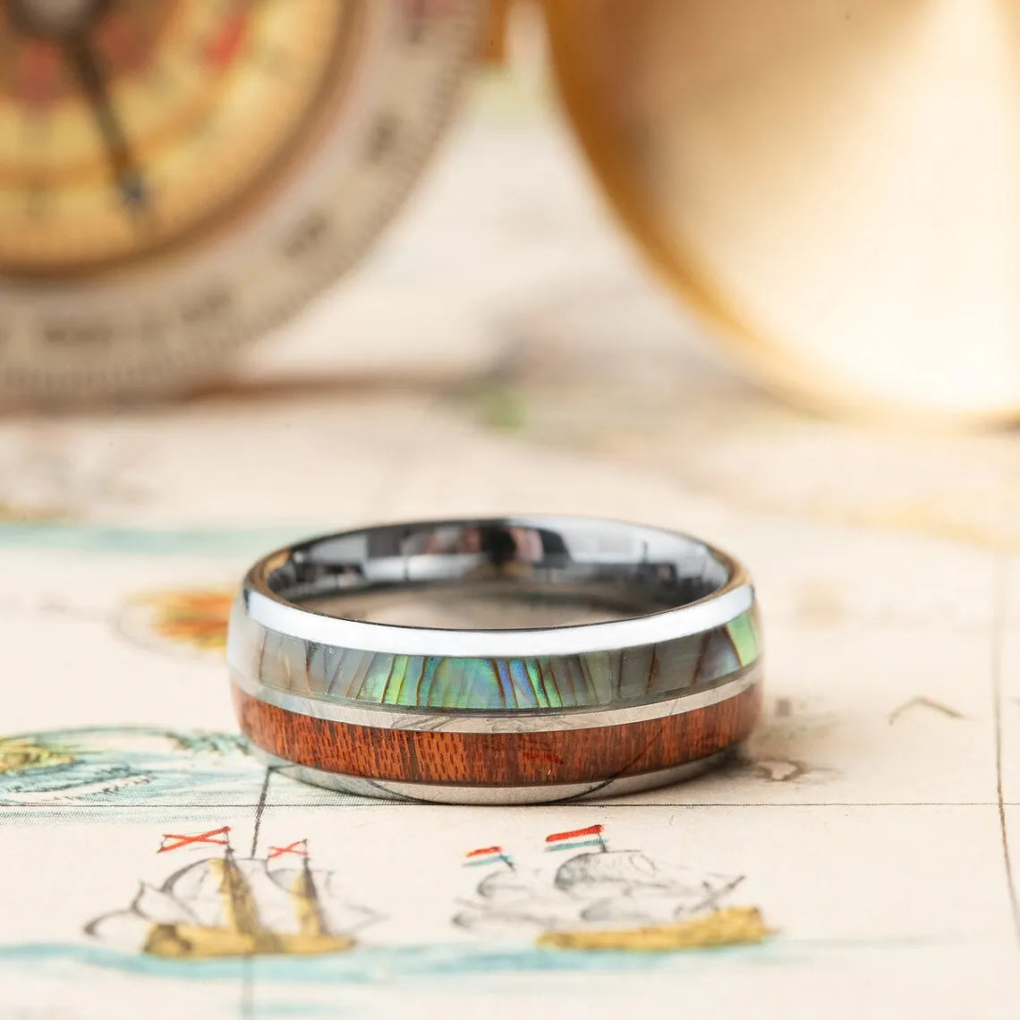 Fashion 8mm Black Titanium Steel Rings For Men Inlay Red Opal and Colorful Abalone Shell Ring Men's Wedding Band Jewelry Gifts