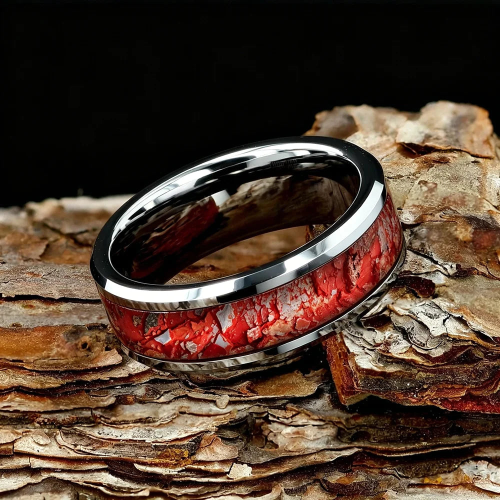 8mm Red White Stone Grain Stainless Steel Ring, Cool Promise Wedding Band for Men & Women, Comfort Fit, Wedding Band Jewelry