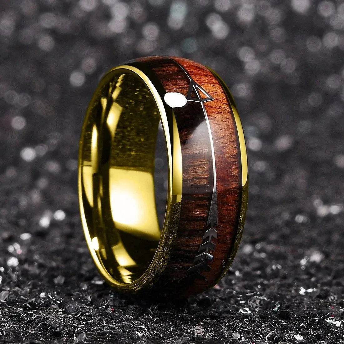 Fashion 8mm Silver Color Stainless Steel Arrow Rings for Men Women Inlaid Hawaiian Koa Wood Rings Men Wedding Band Jewelry Gifts