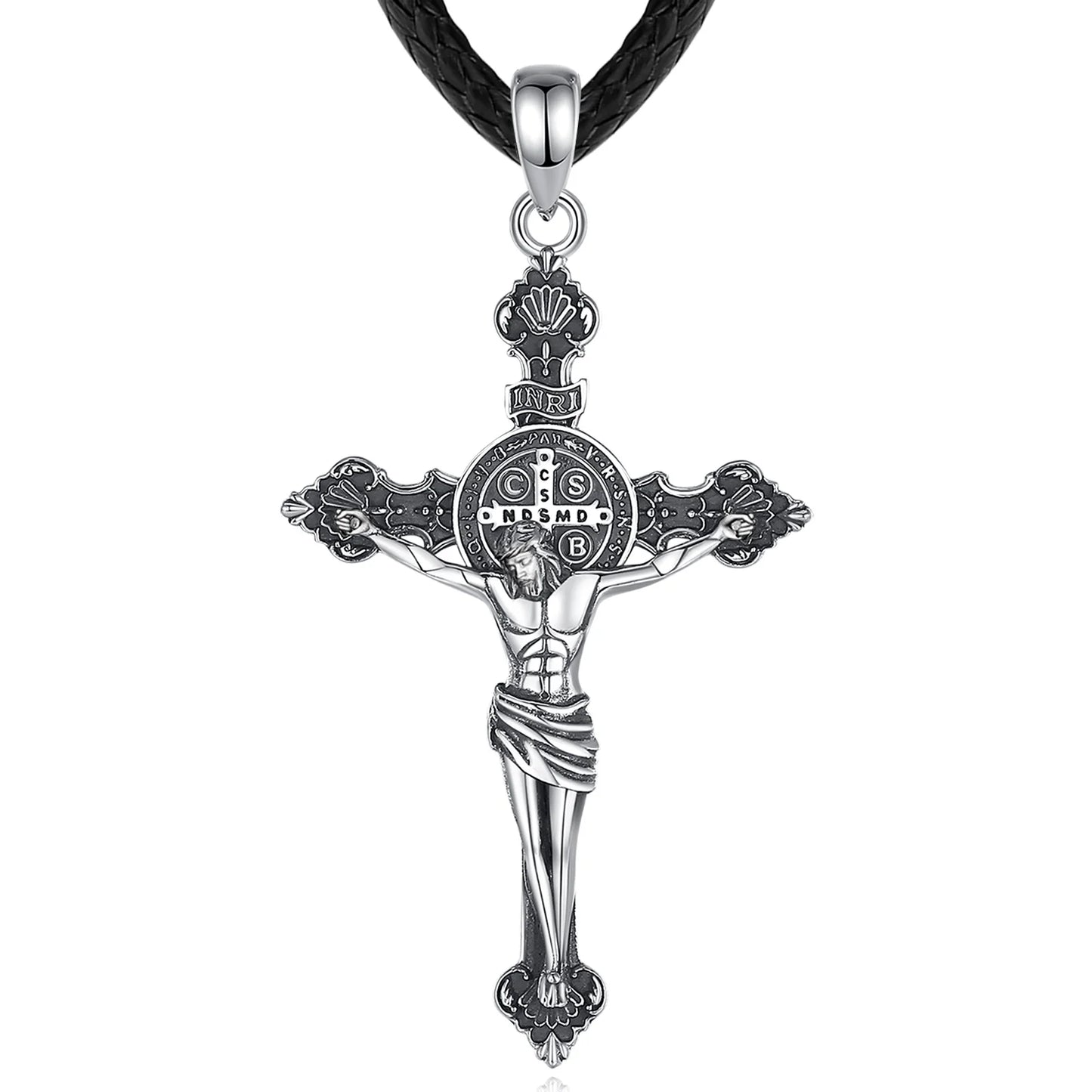 Eudora 925 Sterling Silver Jesus Necklace St. Benedict's Cross Vintage Amulet Pendant Religious Jewelry Gift for Men Women
