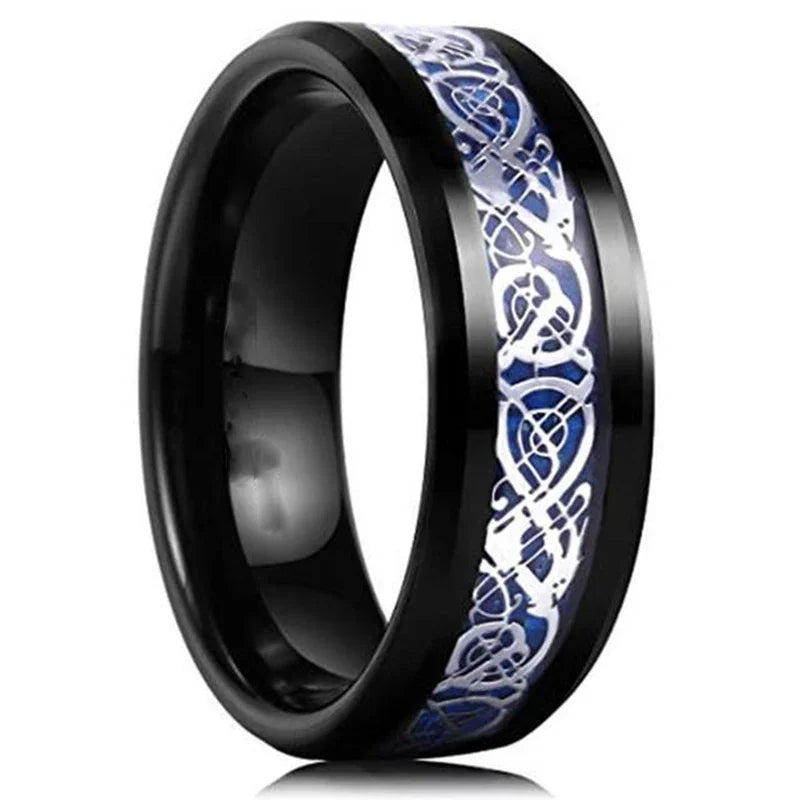 Fashion 8mm Men's Stainless Steel Celtic Dragon Ring Inlay Red Green Black Carbon Fiber Ring Wedding Band Charm Jewelry Gifts