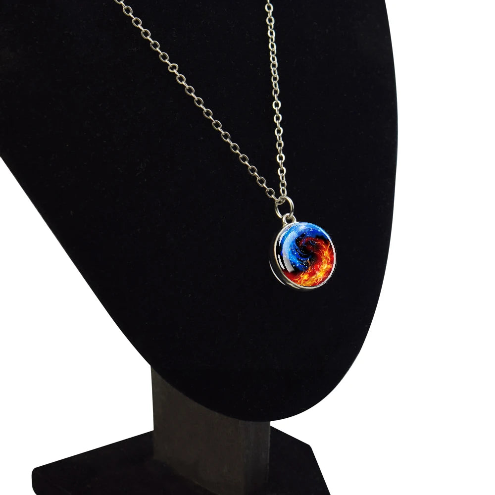 Ice and Fire Phoenix Yin Yang Aurora Necklaces Double Sided Glass Ball Pendant Fashion Chains Necklace Women Men Cool Jewelry