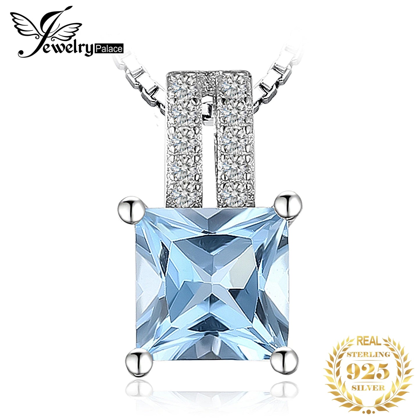 JewelryPalace 1.2ct Princess Cut Blue Topaz 925 Sterling Silver Pendant Necklace for Woman No Chain