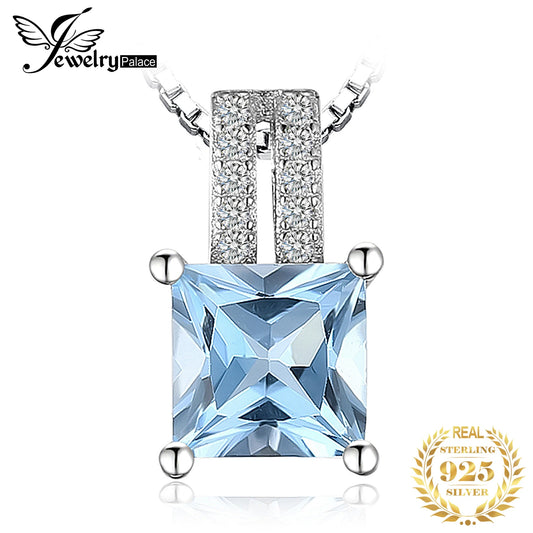 JewelryPalace 1.2ct Princess Cut Blue Topaz 925 Sterling Silver Pendant Necklace for Woman No Chain
