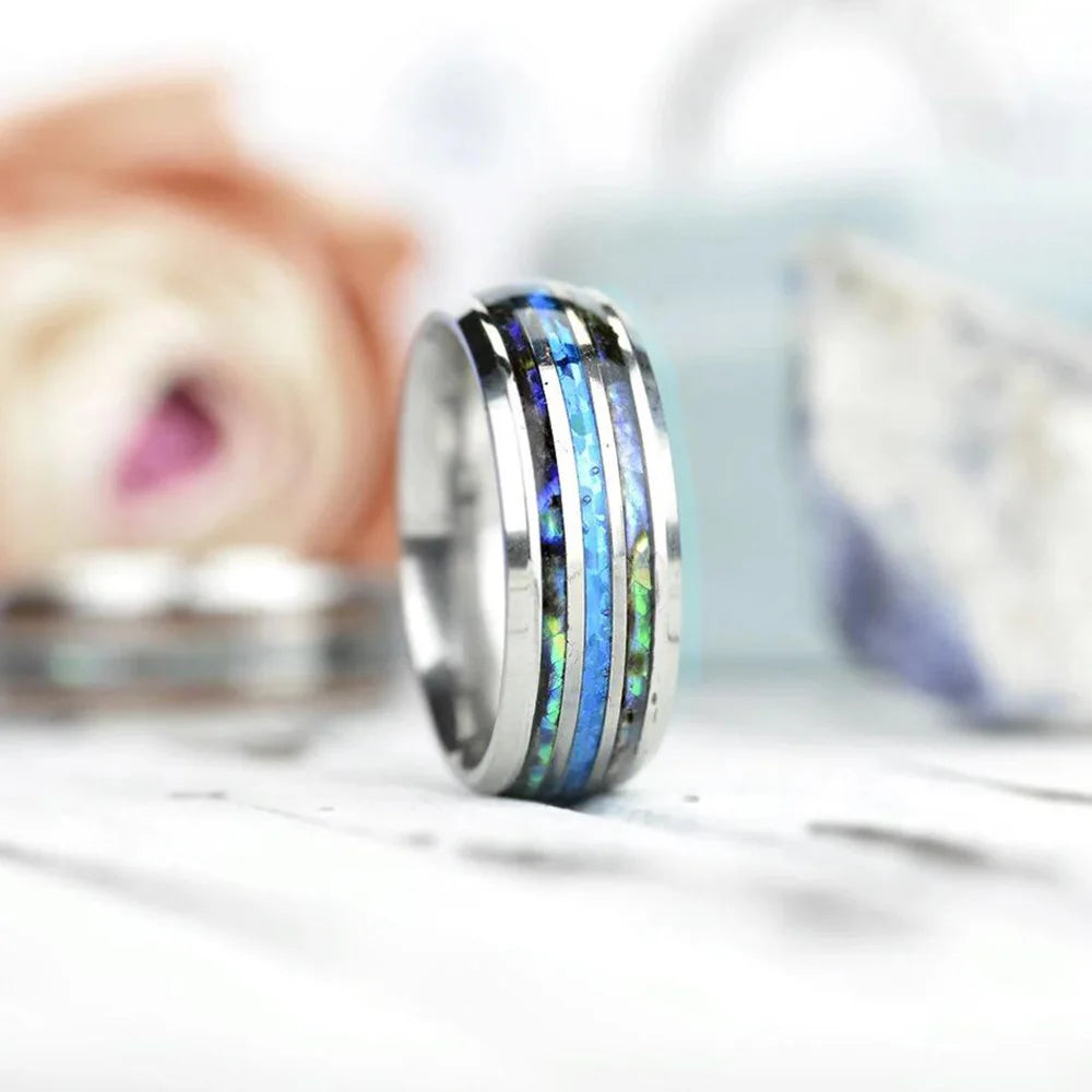 Fashion 8MM Rose Gold Color Stainless Steel Rings For Men Women Colorful Abalone Shell  Inlaid Men Rings Wedding Party Jewelry