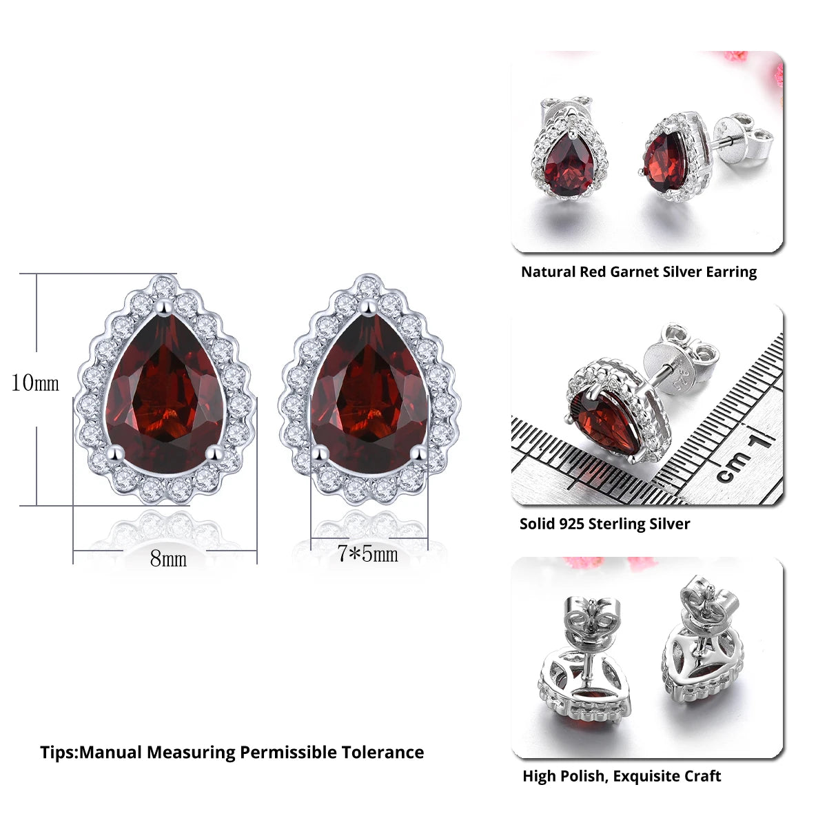 Natural Red Garnet Sterling Silver Stud Earring 1.8 Carats Genuine Gemstone Classic Romantic S925 Fine Jewelrys Women Gifts
