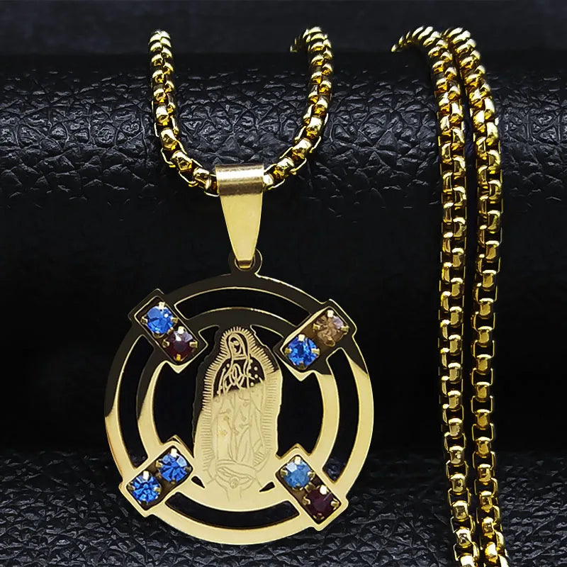 Catholic Jesus Cross Stainless Steel Necklace Saint Benedict Crystal Virgin Mary Pendant Crucifix Male Necklaces Jewelry Cruz