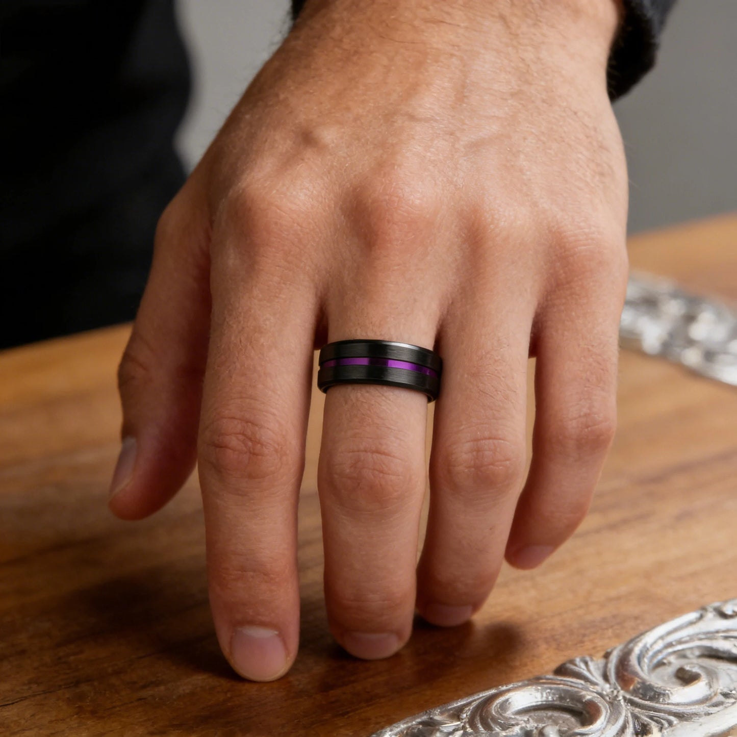 Fashion 8mm Purple Tungsten Wedding Rings For Men,Two Tone Grooved Men Stainless Steel Ring, Men's Wedding Band Matte Finished