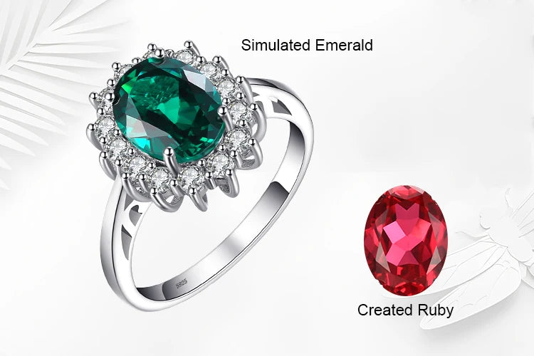 JewelryPalace Princess Diana Simulated Emerald Created Ruby 925 Sterling Silver Halo Ring for Women Yellow Gold Rose Gold Plated