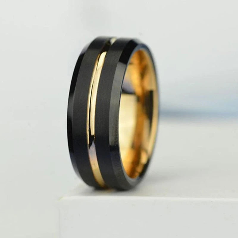 Trendy 8mm Rose Gold Color Groove Beveled Edge Titanium Men Wedding Rings Black Brushed Stainless steel Ring Men's Wedding Band