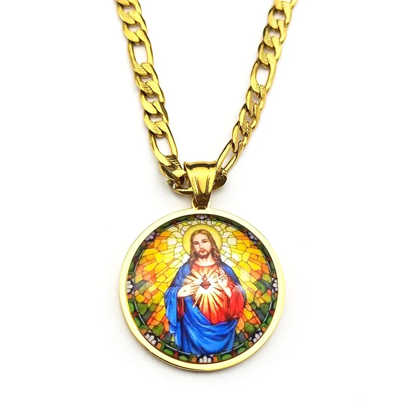 Sacred Heart of Jesus Medal Round Pendant Necklace for Women Men Stainless Steel Christian Talisman Protection Religious Jewelry