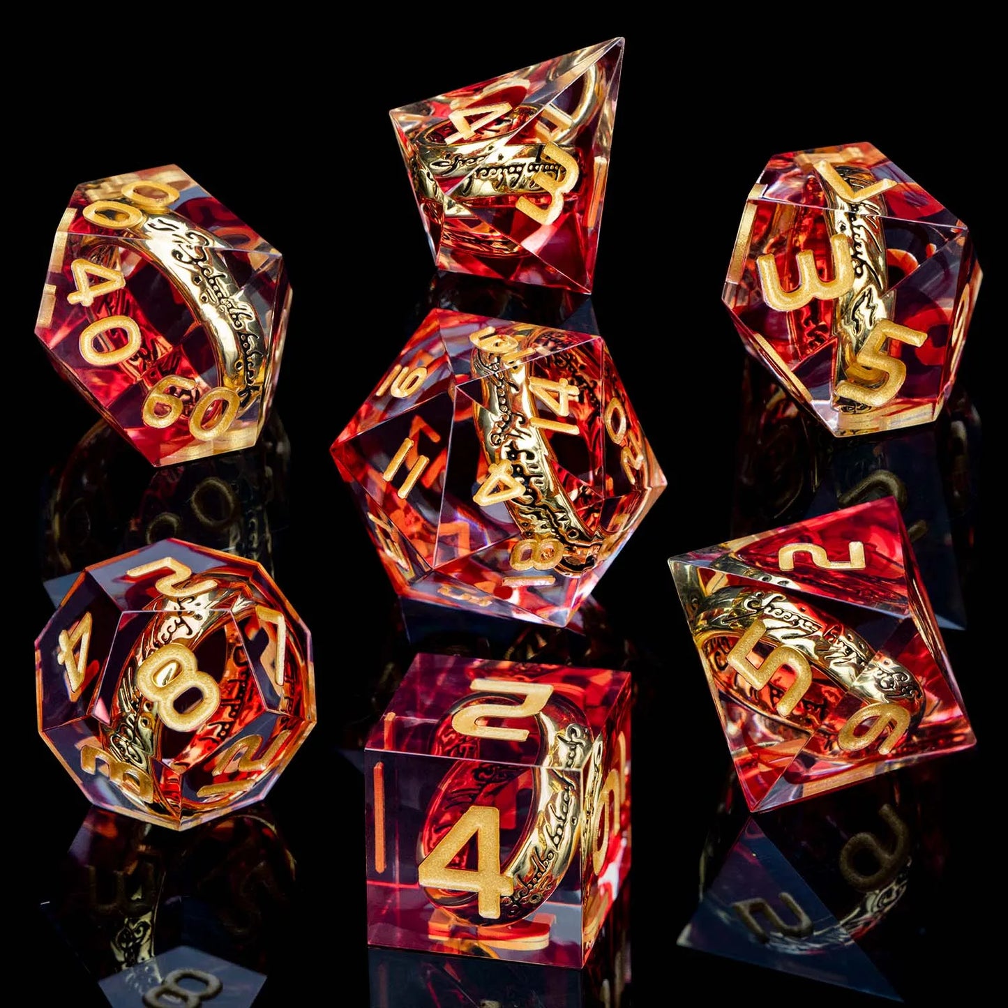 ORIFANTOU DND Red Rings & Liquid Flow Eye Sharp Edge Resin Dice Set D&D Dungeon and Dragon Handmade D20 D and D Polyhedral Dice