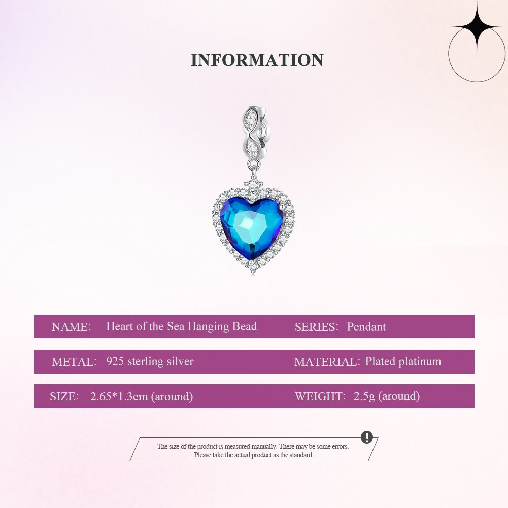 Bamoer 925 Sterling Silver Blue Heart of the Sea Hanging Bead Love Pendant Charms for Women Bracelet DIY Fine Jewelry BSC775