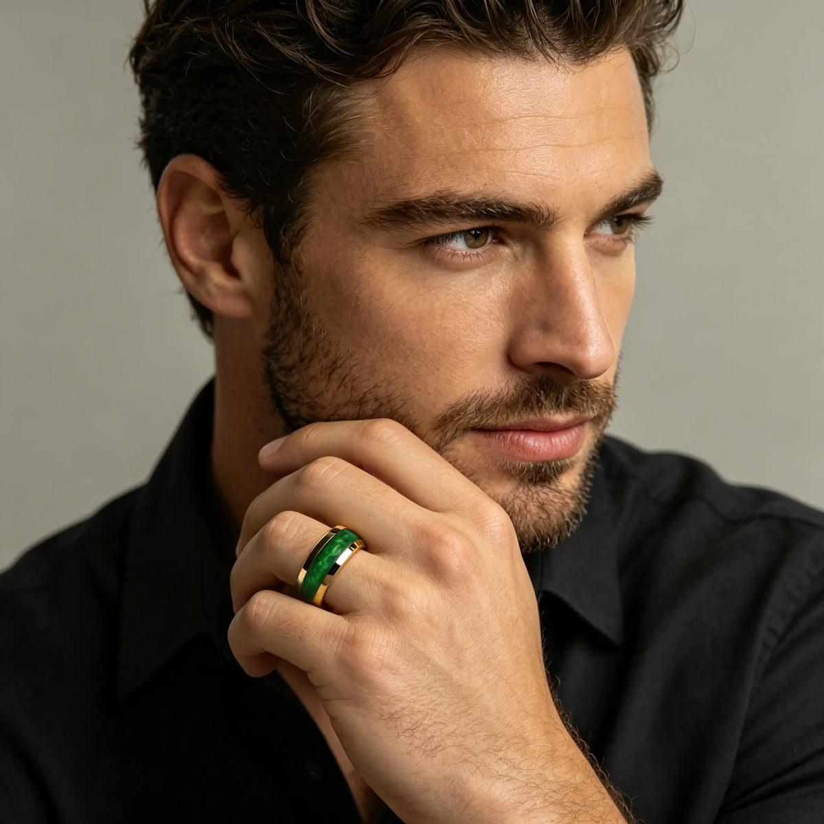 Fashion Men's Stainless Steel Rings Artificial Green Agate Stone Inlay Jewelry Suitable for Daily Wear, Gift for Him Non-Fade