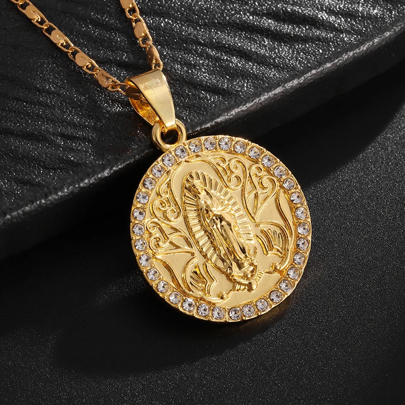 Classic Catholic Virgin Mary Square Pendant Necklace for Men Women Christian Religious Prayer Amulets Jewelry Gifts