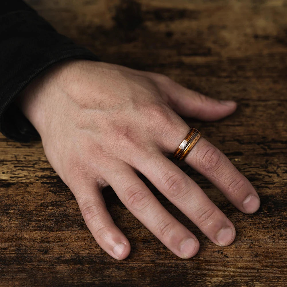 Fashion 8mm Rose Gold Color Stainless Steel Guitar String Rings for Men Koa Wood Inlay Ring Whiskey Barrel Mens Wedding Band