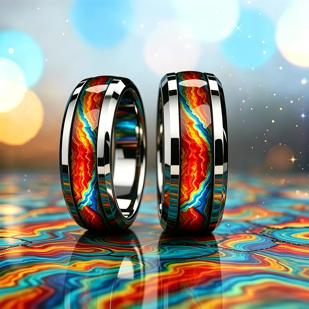 Fashion Men's Stainless Steel Ring with Flame Gradient Inlay Suitable for Daily Wear & Special Occasions, Gift for Him Non-Fade