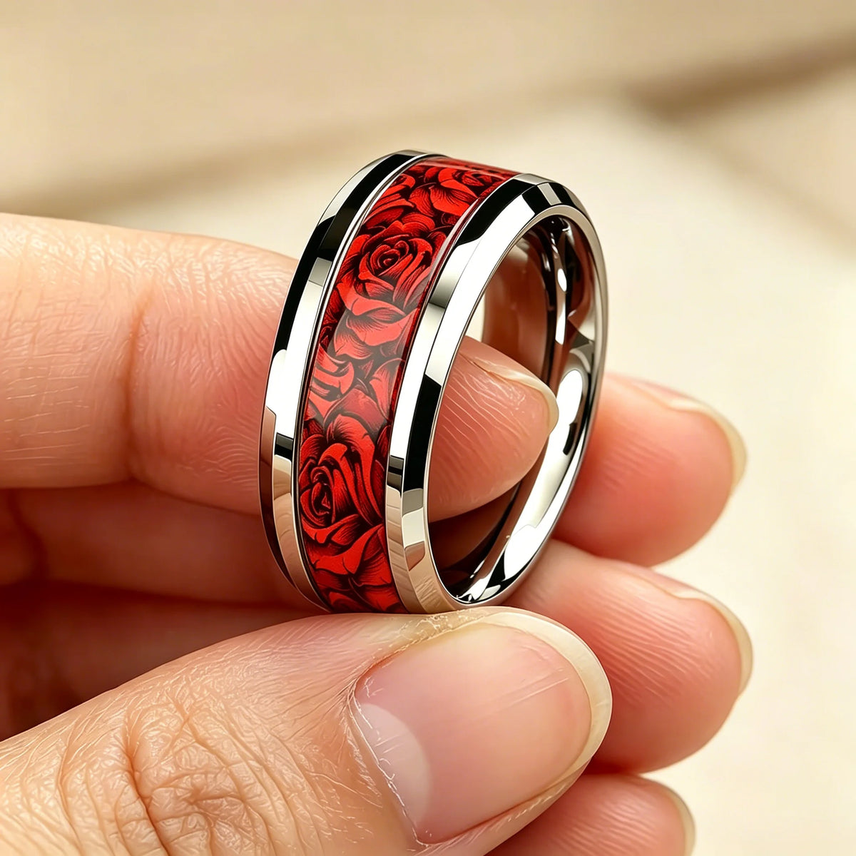 Vintage Red Rose Flower Inlaid Stainless Steel Ring High Polished Bevel Edge Wedding Band Retro Romantic Love Jewelry Gift