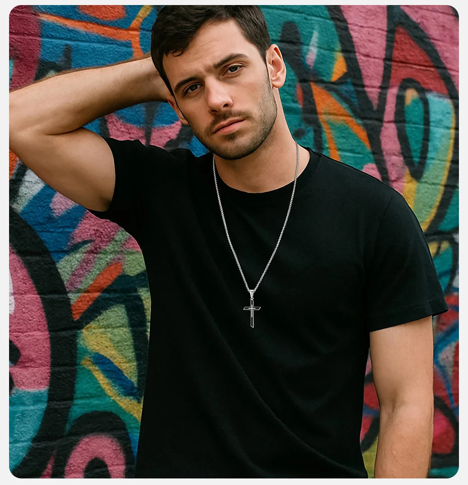 Vnox Simple Cross Pendant Necklace for Men Boys, Trendy Stainless Steel Box Chain Necklaces, Religious Talisman Anniversary Gift