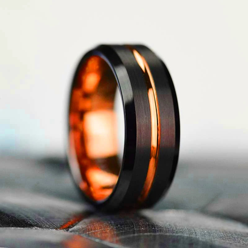 Trendy 8mm Rose Gold Color Groove Beveled Edge Titanium Men Wedding Rings Black Brushed Stainless steel Ring Men's Wedding Band