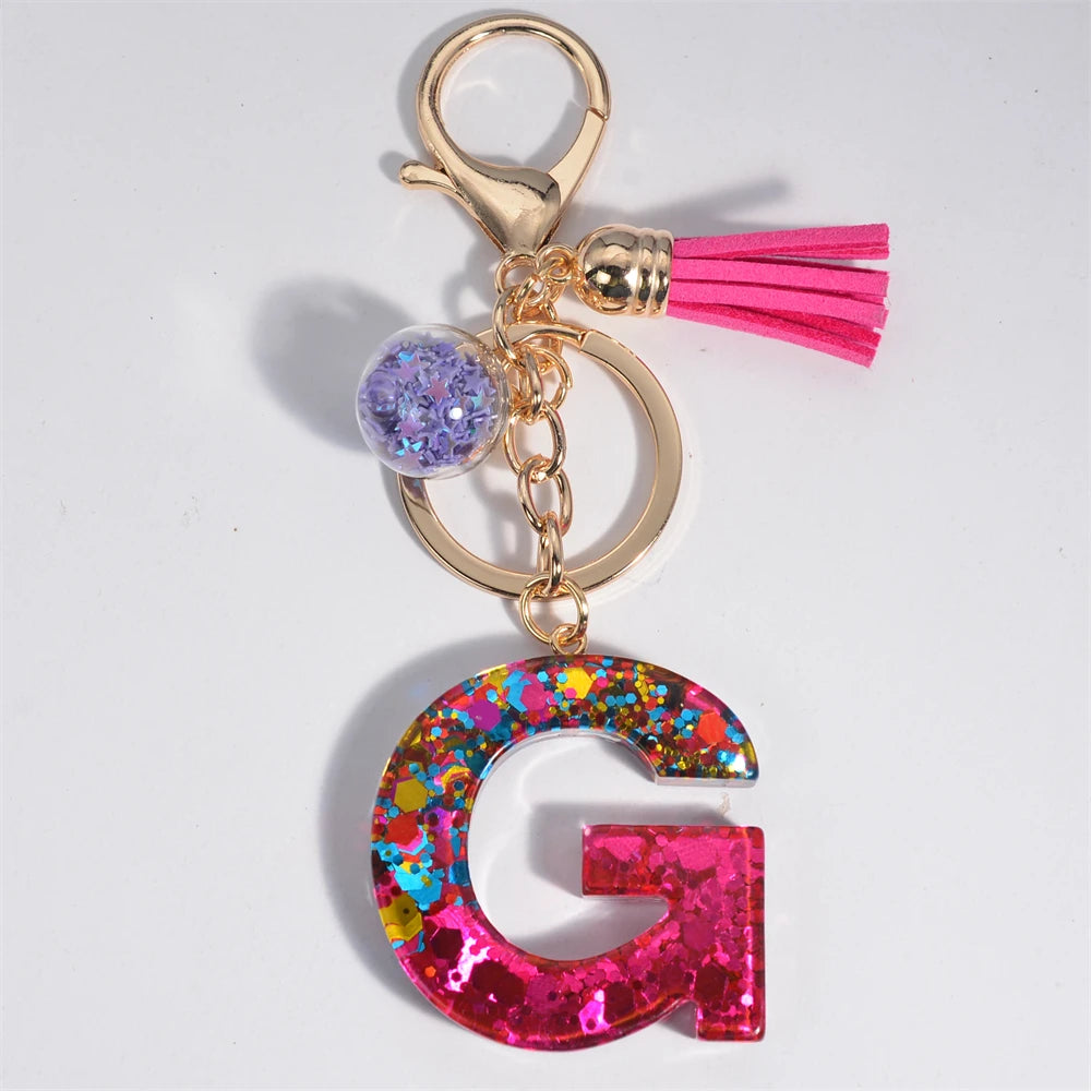 Colorful Letter Keychain Pendant Glitter Sequin Resin Key Chain Tassel Charms With Ball Keyring Jewelry For Women Bag Ornaments G
