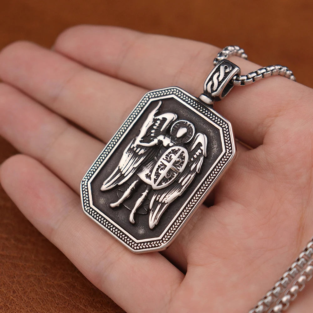 Classic Design Angel Knight Shield Pendant Stainless Steel Vintage Men Ancient Greek God of War Necklace Amulet Creative Jewelry
