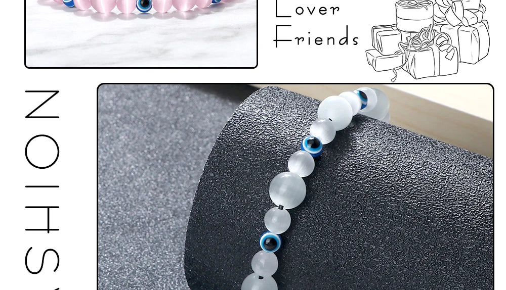 Blue Evil Eye Beaded Bracelets Natural Cat Eye Stone 6 8mm Opal Men Bangles Adjustable Women Bracelet Lucky Yoga Jewelry Gifts
