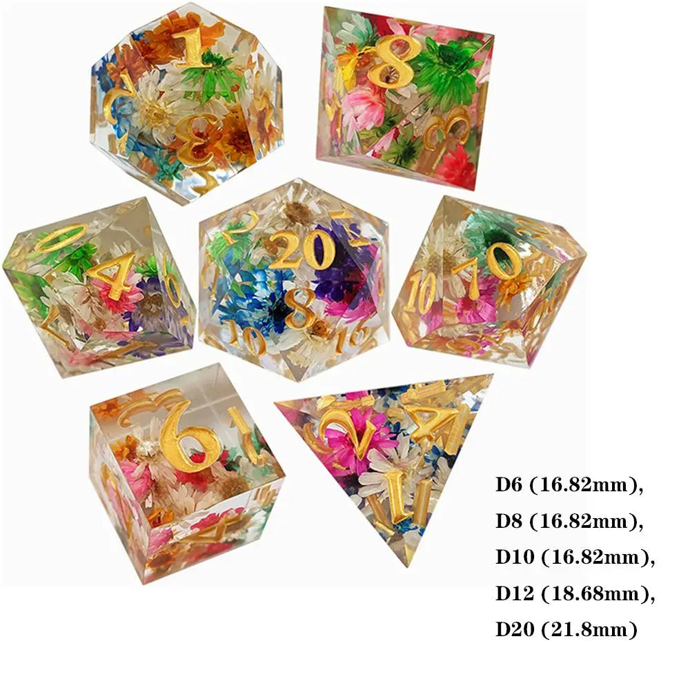 7Pcs Polyhedral Dice Set Transparent Flowers Design Resin Dices Hot Party Table Games Accessories D6 D8 D10 D12 D20 For D&d DND