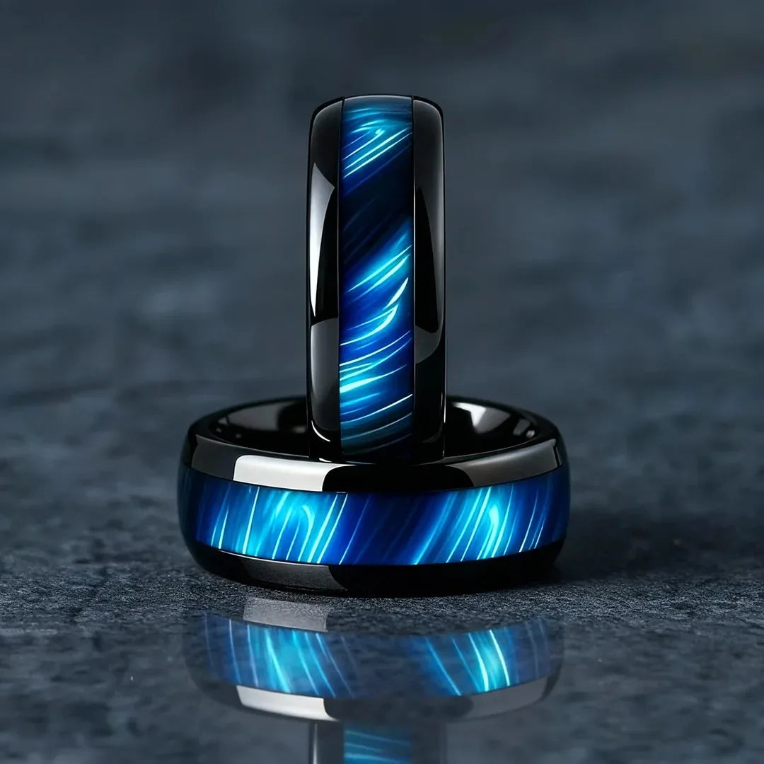 Blue Abalone Shell Inlay Rings for Men, Fashion 8mm Black Brushed Men Stainless Steel Rings, Wedding Band Jewelry Gift