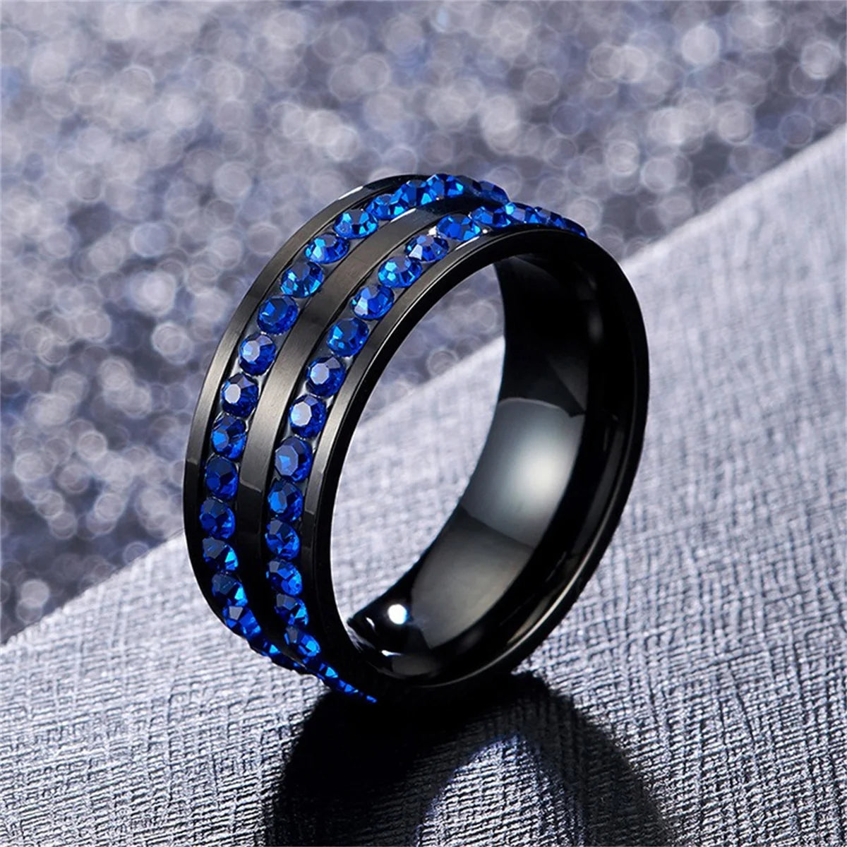 Fashion 8mm Double Row Rhinestone Stainless Steel Rings For Men Women Luxury Micro Paved CZ Crystal Rings Wedding Band Jewelry