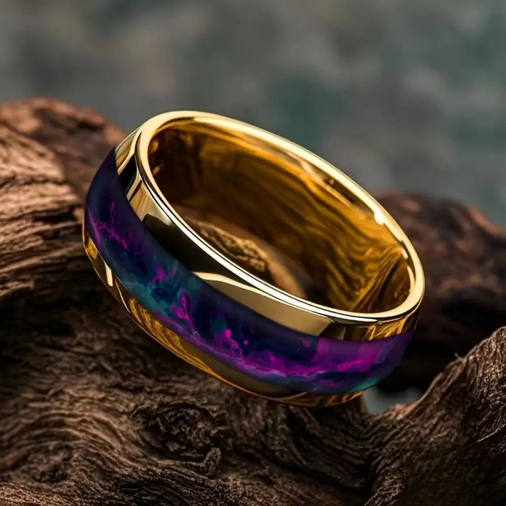 With Purple and Blue Gradient Stone Inlay Rings, 8mm Cosmic Starry Sky Stainless Steel Men Ring, Wedding Band Jewelry Drop Ship