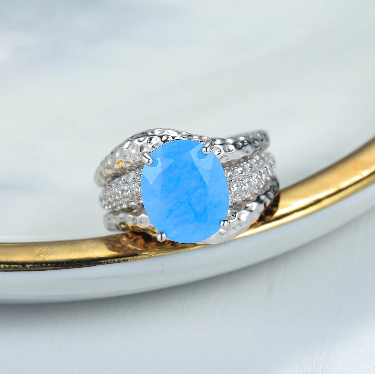 GEM'S BALLE Aqua-blue Calcedony Gemstone Cocktail Ring 925 Sterling Silver Handmade Jacket Rings For Women Fine Jewelry