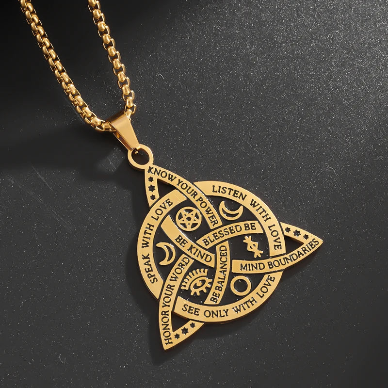 Stainless Steel Vintage Irish Celtic Trinity Knot Pendant Wiccan Witch Knot Moon Star Totem Necklace Men's Fashion Lucky Jewelry