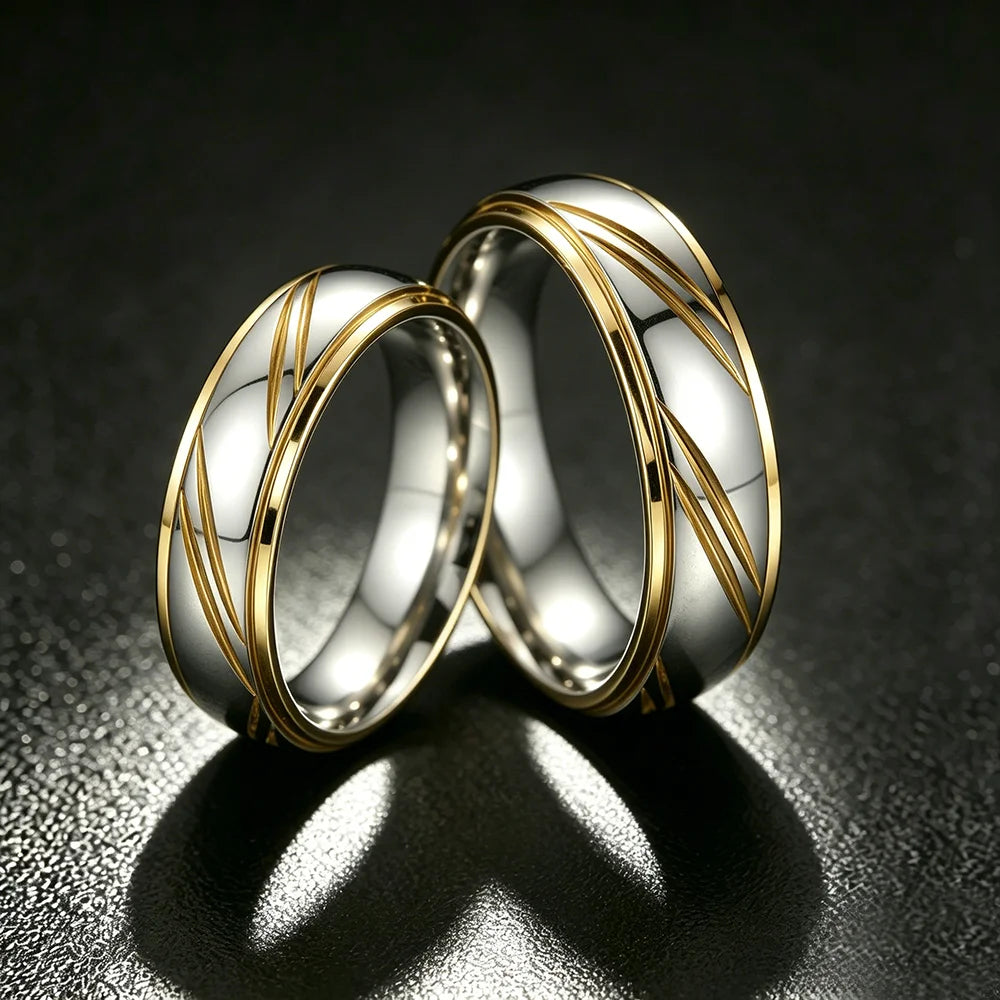 Trendy Stainless Steel Couple Rings For Men Women Unique Groove Wave Pattern Ring Wedding Party Jewelry Valentines Day Gifts
