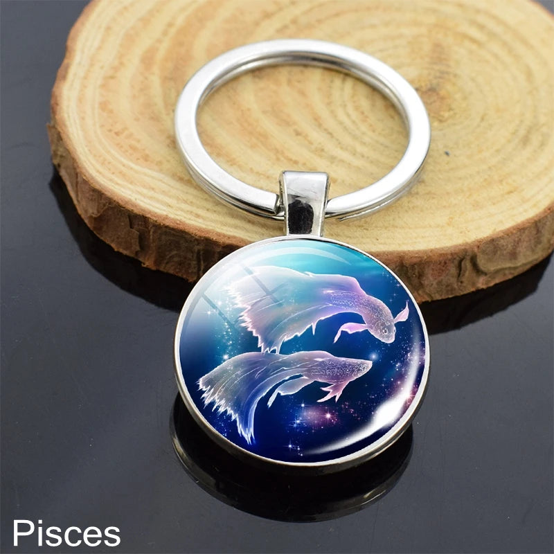 12 Zodiac Sign Keychain Sphere Ball Crystal Key Rings Scorpio Leo Aries Constellation Birthday Gift for Women and Mens Pisces