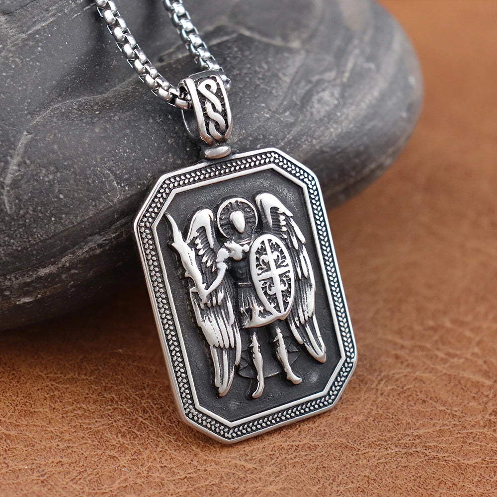 Classic Design Angel Knight Shield Pendant Stainless Steel Vintage Men Ancient Greek God of War Necklace Amulet Creative Jewelry
